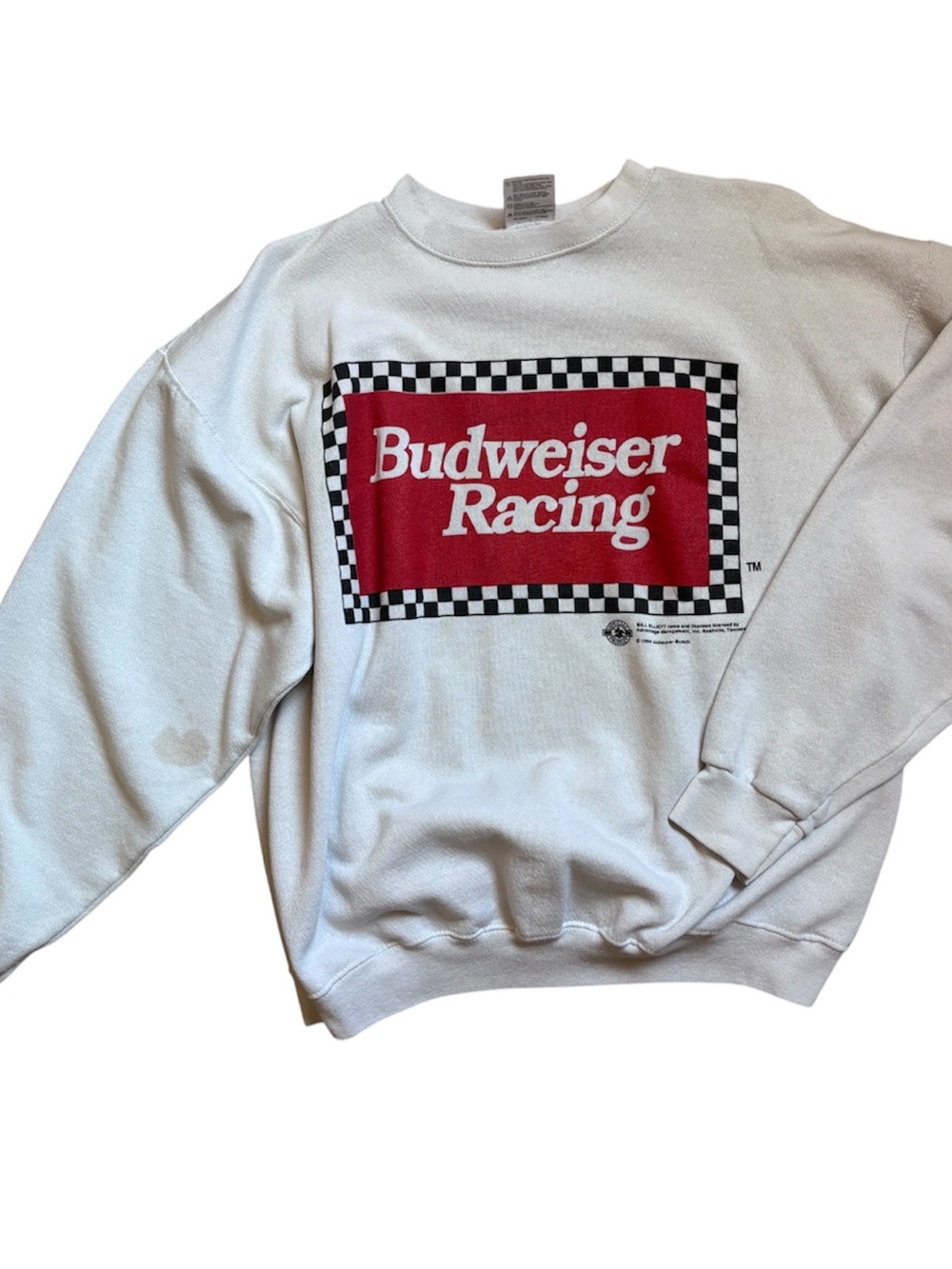 Vintage 1994 Budweiser Racing White Crewneck with Red Logo and Black Checkers